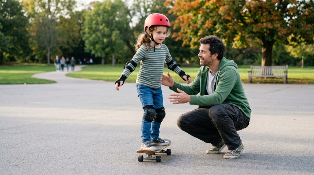 Child wearing protective gear standing near a safe public skate ramp.