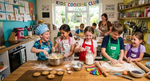 Kids learning to cook together in a fun cooking club kitchen