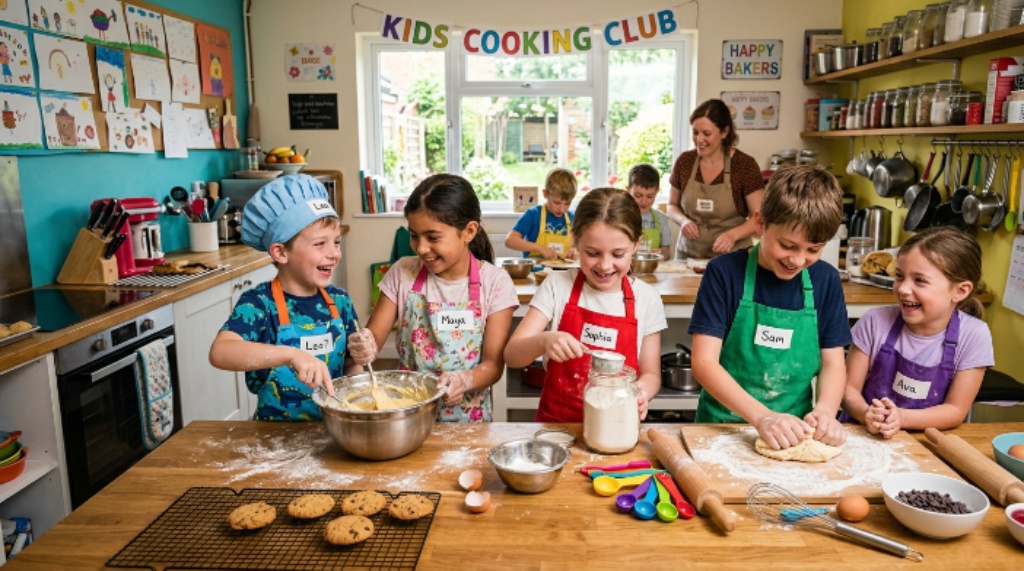 Kids learning to cook together in a fun cooking club kitchen