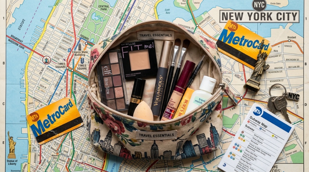 Affordable travel makeup bags arranged on a marble surface in New York.