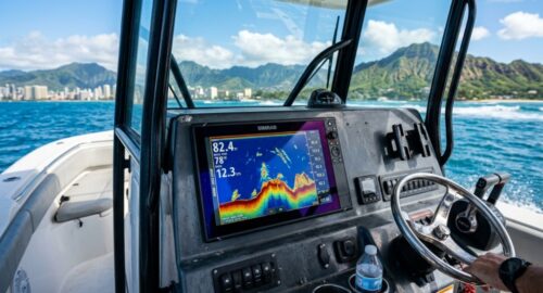 Marine fish finder screen showing colorful sonar readings with Hawaii coastline behind.
