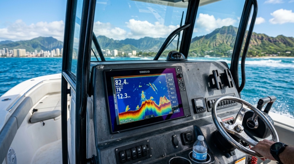 Marine fish finder screen showing colorful sonar readings with Hawaii coastline behind.