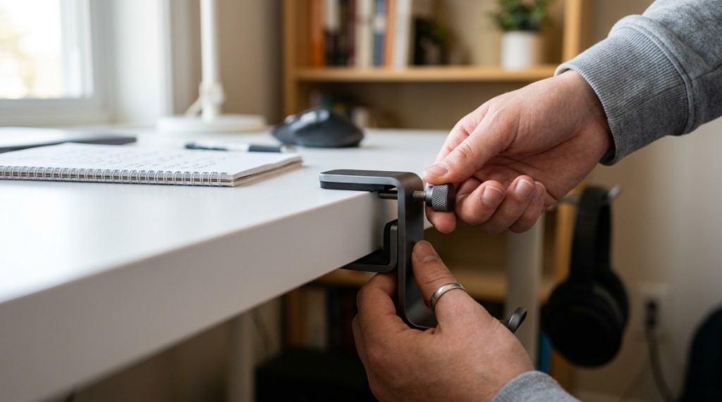 Hands attaching an affordable aluminum clamp headset hook onto a white study desk.