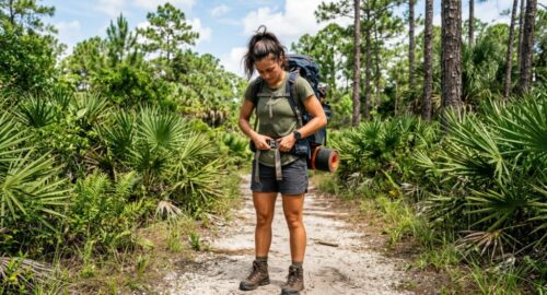 Woman adjusting a durable hiking backpack while camping in Florida.