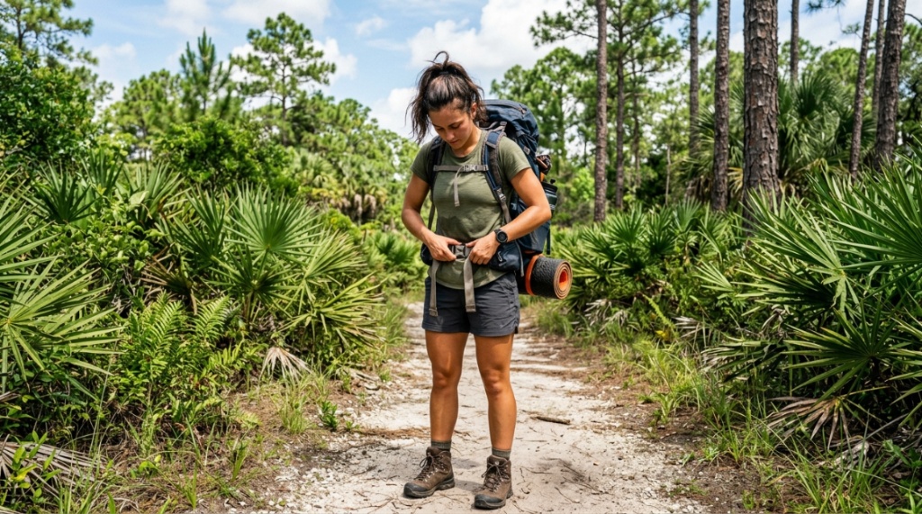 Woman adjusting a durable hiking backpack while camping in Florida.