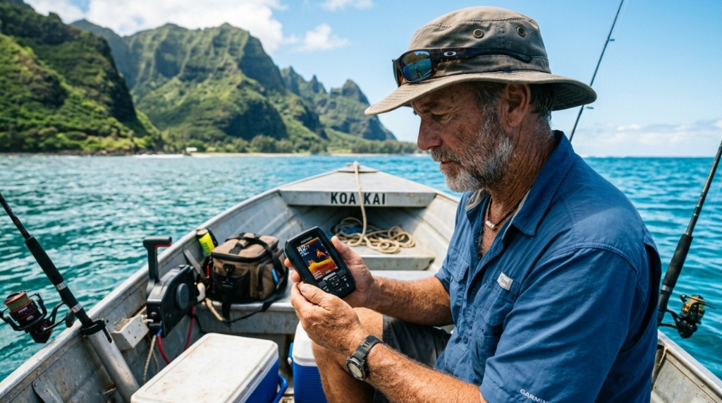 Angler checking a portable fish finder device on a boat.