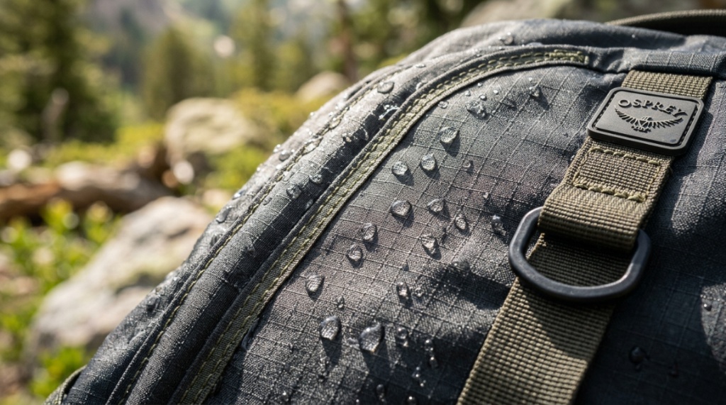 Close-up of heavy-duty waterproof fabric on a modern outdoor backpack.