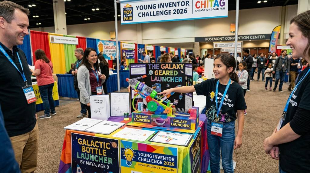 A young child presenting a toy invention at the Young Inventor Challenge during CHITAG 2026 on November 7 in Rosemont, Illinois