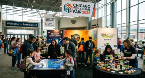 Families exploring interactive toy and game booths at the Chicago Toy and Game Fair 2026 inside the Donald E. Stephens Convention Center in Rosemont, Illinois