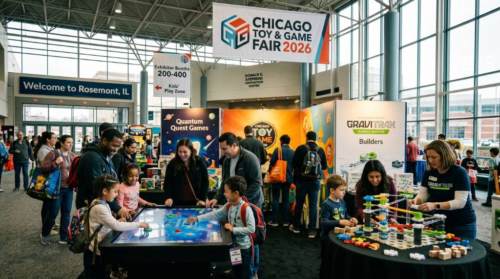 Families exploring interactive toy and game booths at the Chicago Toy and Game Fair 2026 inside the Donald E. Stephens Convention Center in Rosemont, Illinois