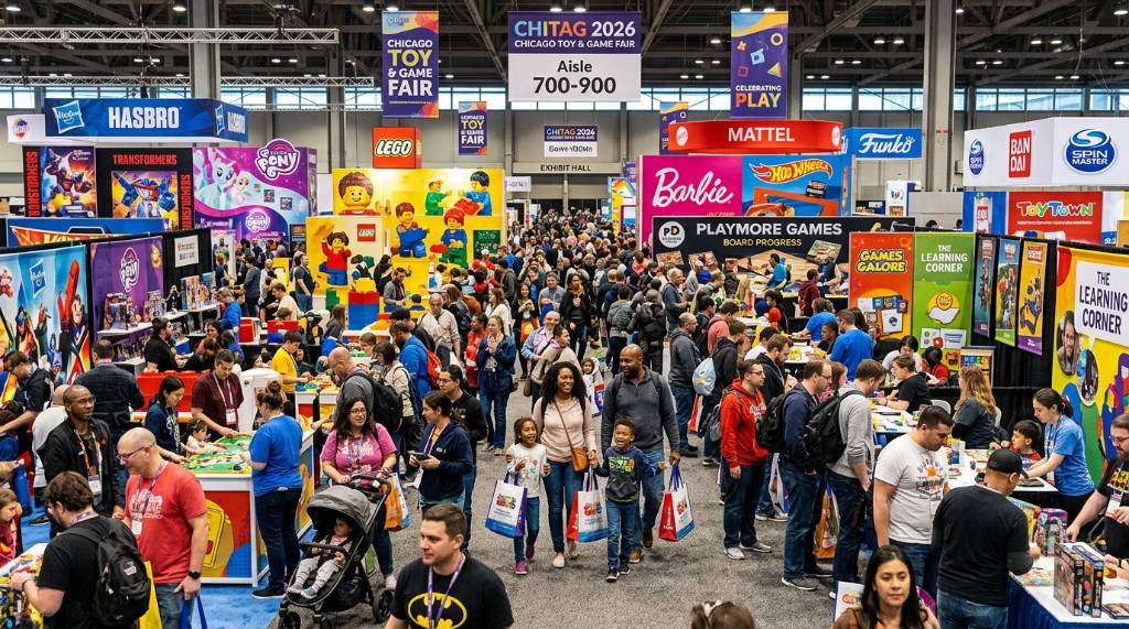 Crowds of game enthusiasts and families gathered at the CHITAG 2026 show floor, surrounded by colorful toy displays and exhibitor booths