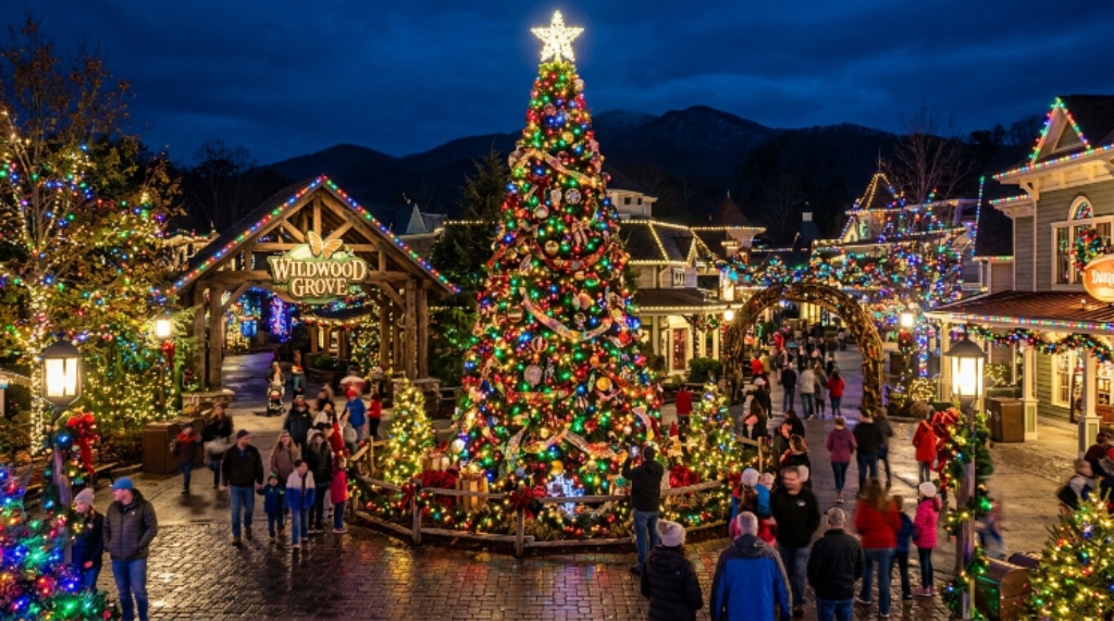 A 50-foot Christmas tree surrounded by colorful lights and festive decorations at Dollywood Smoky Mountain Christmas