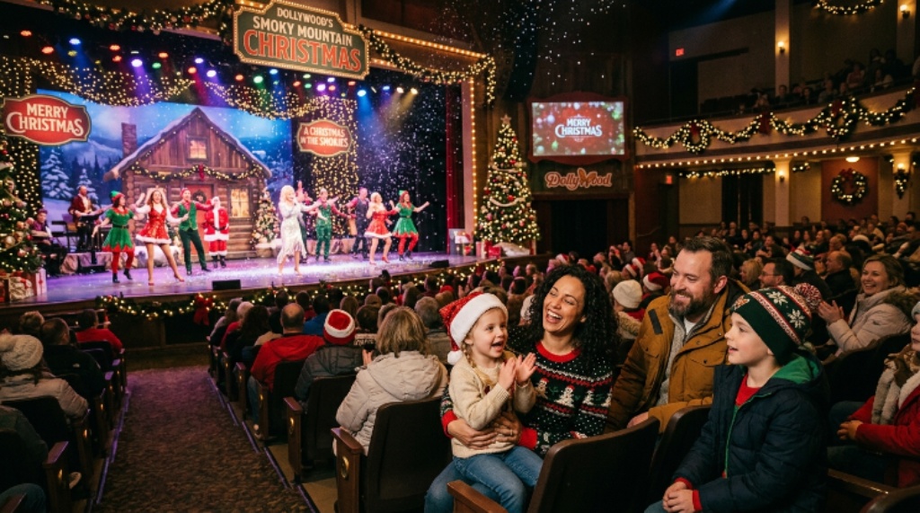 Families watching a live holiday show on stage at Dollywood's Smoky Mountain Christmas festival in Pigeon Forge Tennessee