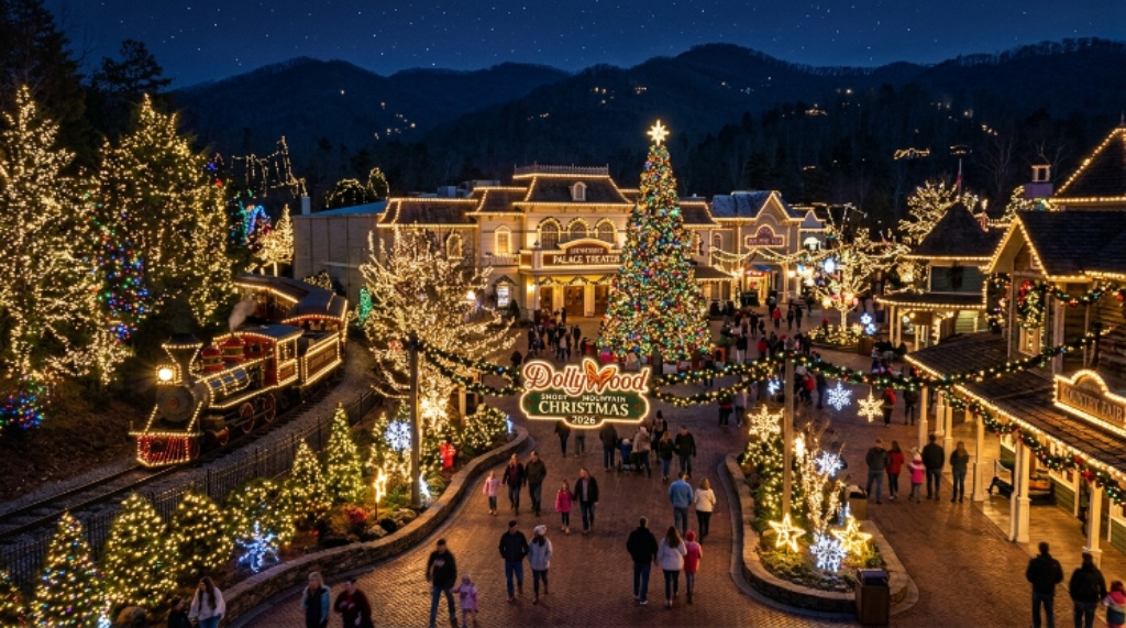 Dollywood theme park decorated with millions of twinkling Christmas lights at night during Smoky Mountain Christmas 2026