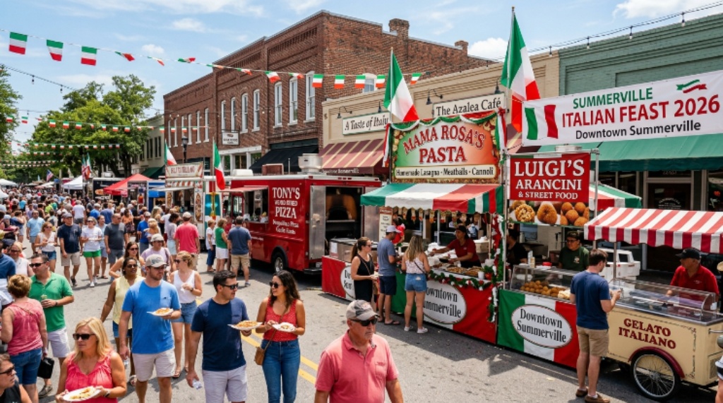 Italian food vendor stalls and food trucks lined up at the Summerville Italian Feast 2026 festival in downtown Summerville SC