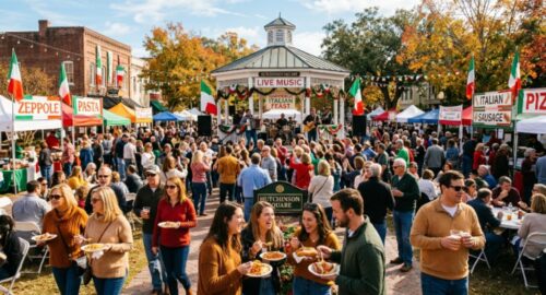 Crowds enjoying food and live music at the Summerville Italian Feast at Hutchinson Square on a sunny November afternoon