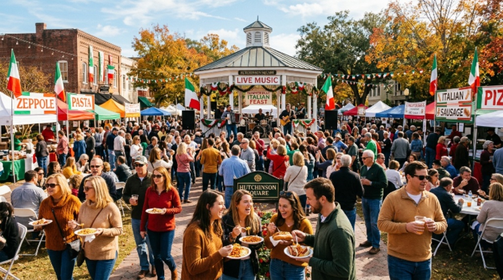 Crowds enjoying food and live music at the Summerville Italian Feast at Hutchinson Square on a sunny November afternoon