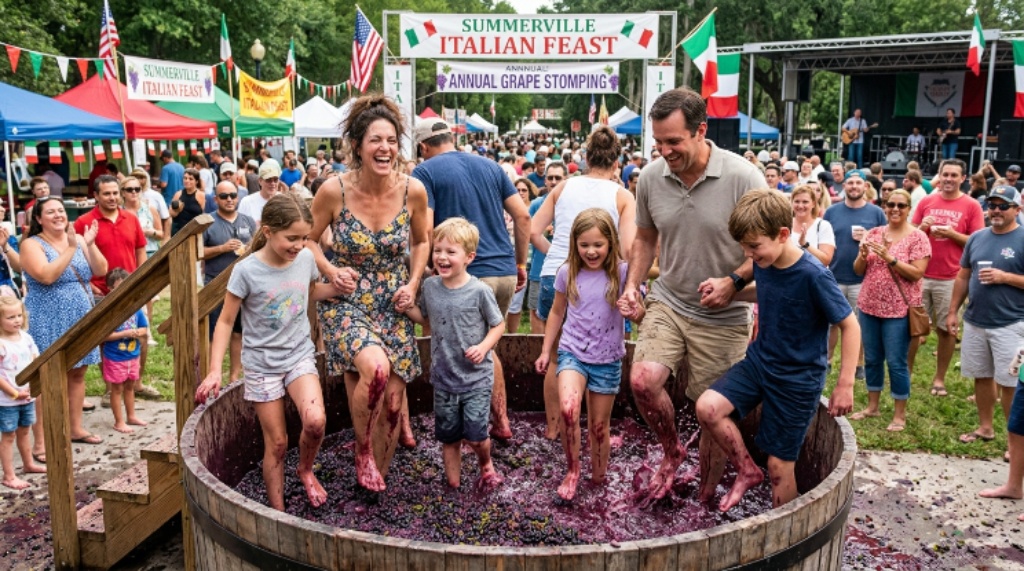 Families participating in traditional grape stomping activity at the annual Summerville Italian Feast community celebration