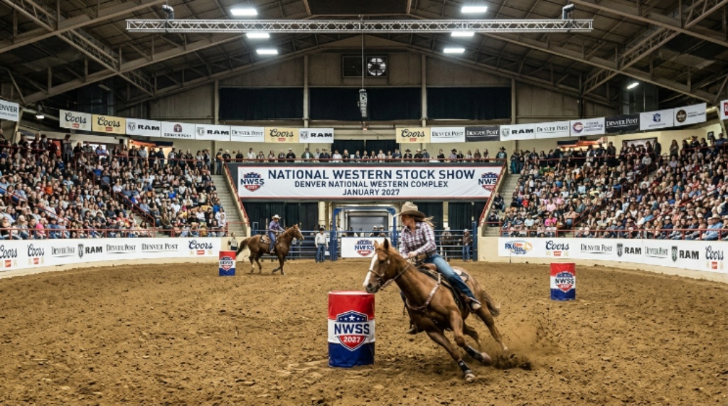 Horses and riders competing in the National Western Stock Show arena at the Denver National Western Complex in January 2027
