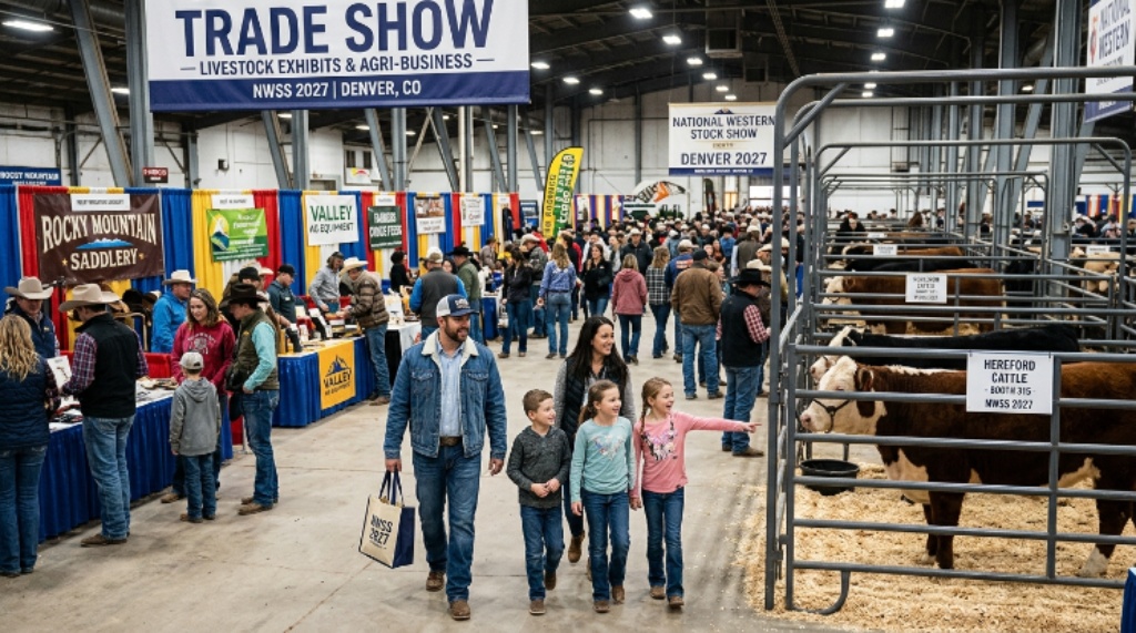 Families browsing livestock exhibits and trade show booths at the National Western Stock Show Denver 2027