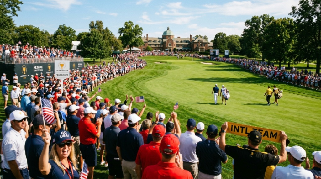 Golf fans lining the fairway at Medinah Country Club during the Presidents Cup 2026, watching players compete in a foursomes match on a sunny September afternoon