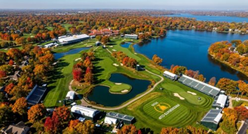 Aerial view of Medinah Country Club's Course No. 3 surrounded by autumn foliage and Lake Kadijah, the venue for the Presidents Cup 2026 in Illinois