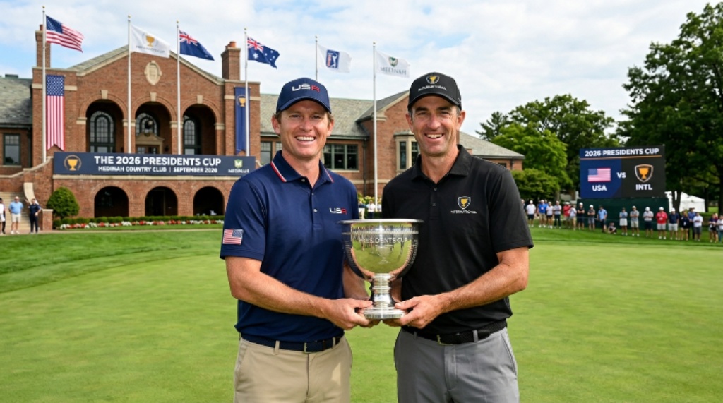 Team USA captain Brandt Snedeker and International Team captain Geoff Ogilvy holding the Presidents Cup trophy together at Medinah Country Club ahead of the September 2026 competition