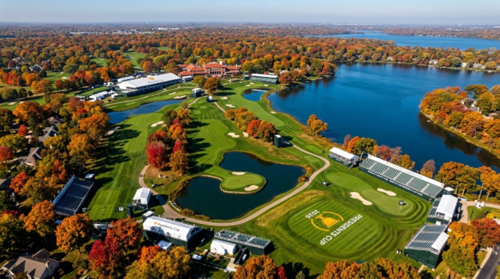Aerial view of Medinah Country Club's Course No. 3 surrounded by autumn foliage and Lake Kadijah, the venue for the Presidents Cup 2026 in Illinois