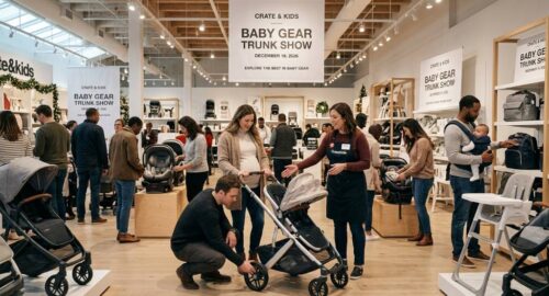 Parents exploring strollers and baby gear at the Crate and Kids Baby Gear Trunk Show on December 19, 2026