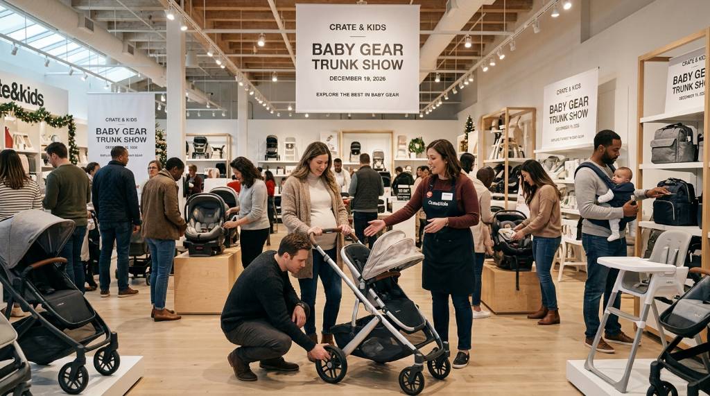 Parents exploring strollers and baby gear at the Crate and Kids Baby Gear Trunk Show on December 19, 2026