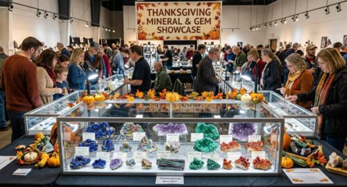 Colorful rare mineral specimens displayed under bright gallery lighting at a Thanksgiving mineral showcase event