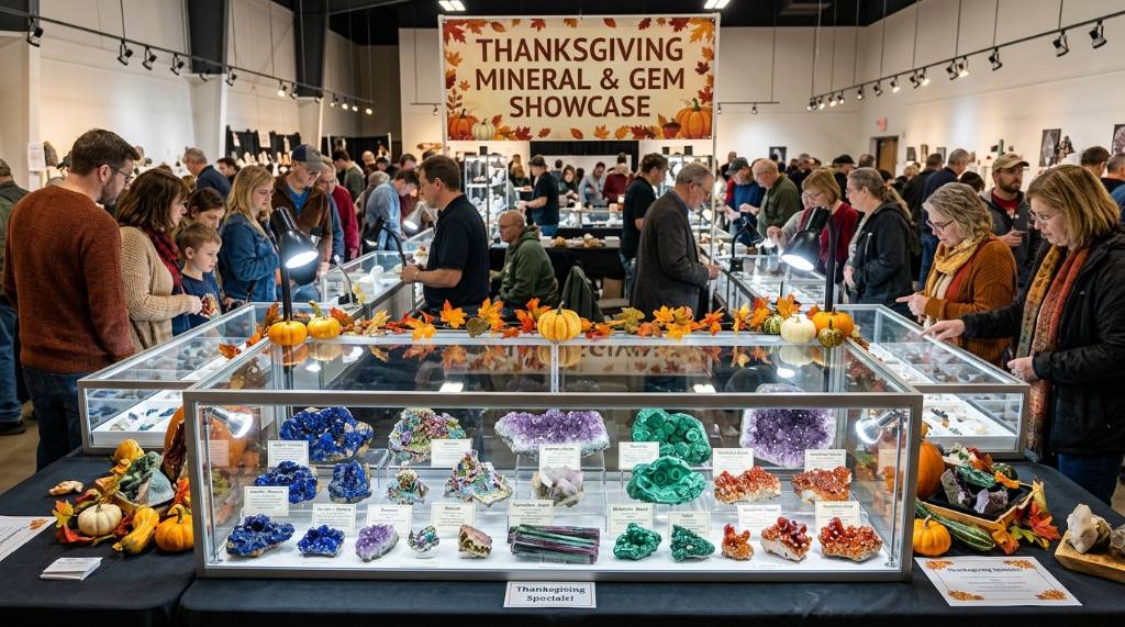 Colorful rare mineral specimens displayed under bright gallery lighting at a Thanksgiving mineral showcase event