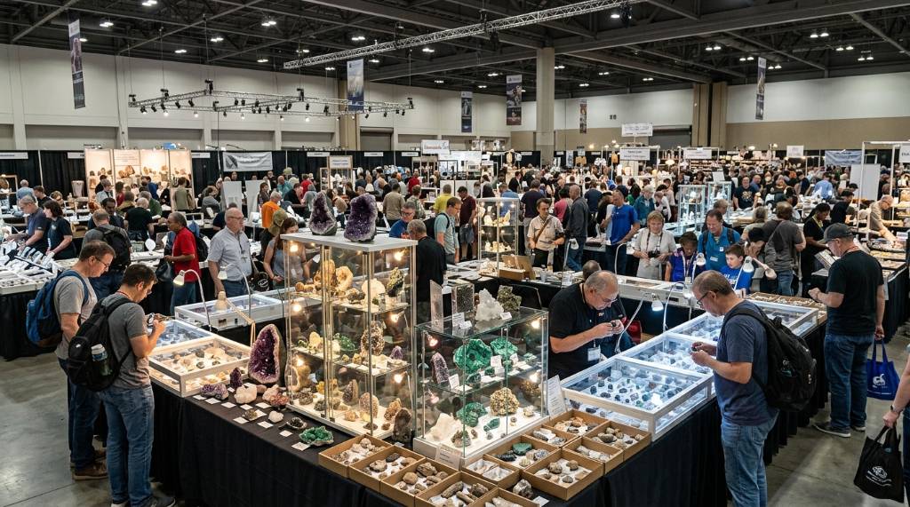 A wide view of a mineral exhibition floor with display cases and collectors browsing gemstone specimens