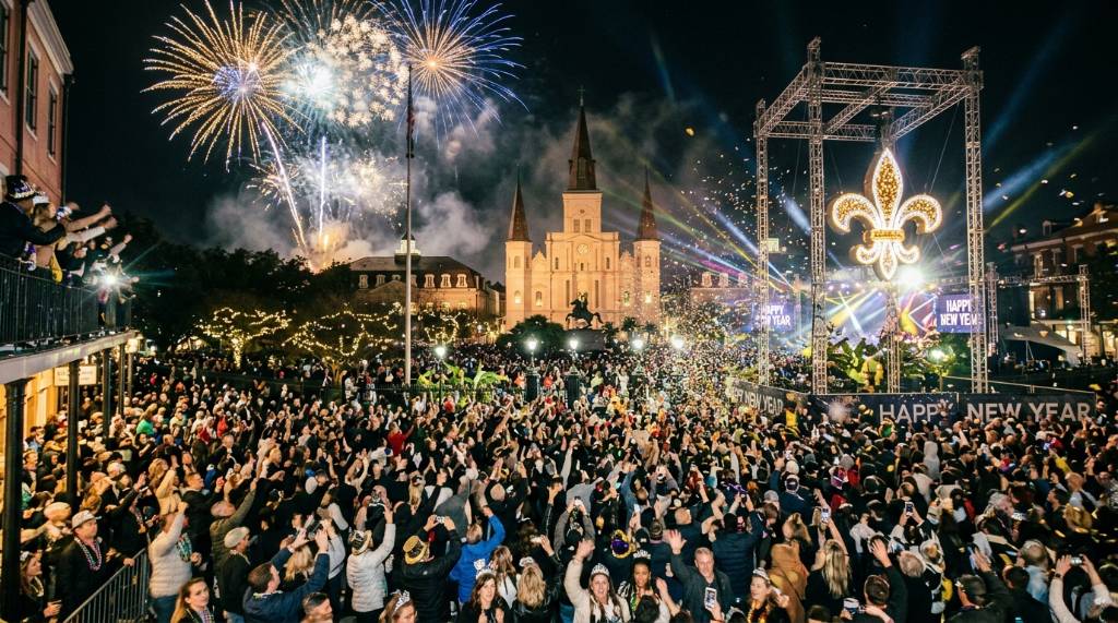 Crowds celebrating the Fleur-de-Lis drop at Jackson Square in New Orleans on December 31