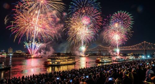 Fireworks exploding over the Mississippi River in New Orleans at midnight on New Year's Eve