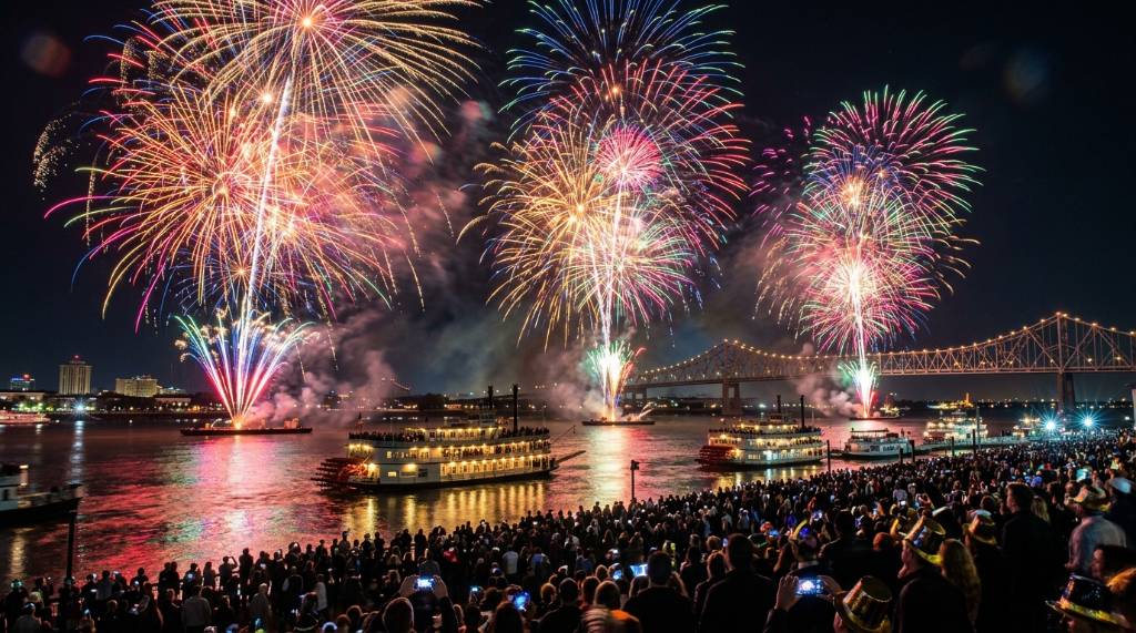 Fireworks exploding over the Mississippi River in New Orleans at midnight on New Year's Eve