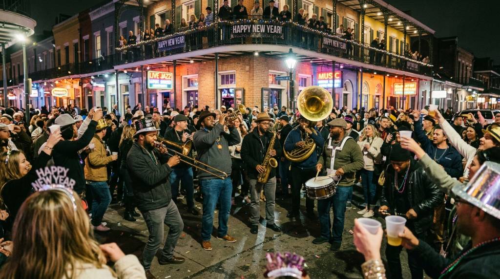 Jazz musicians performing on Frenchmen Street during New Year's Eve celebrations in New Orleans